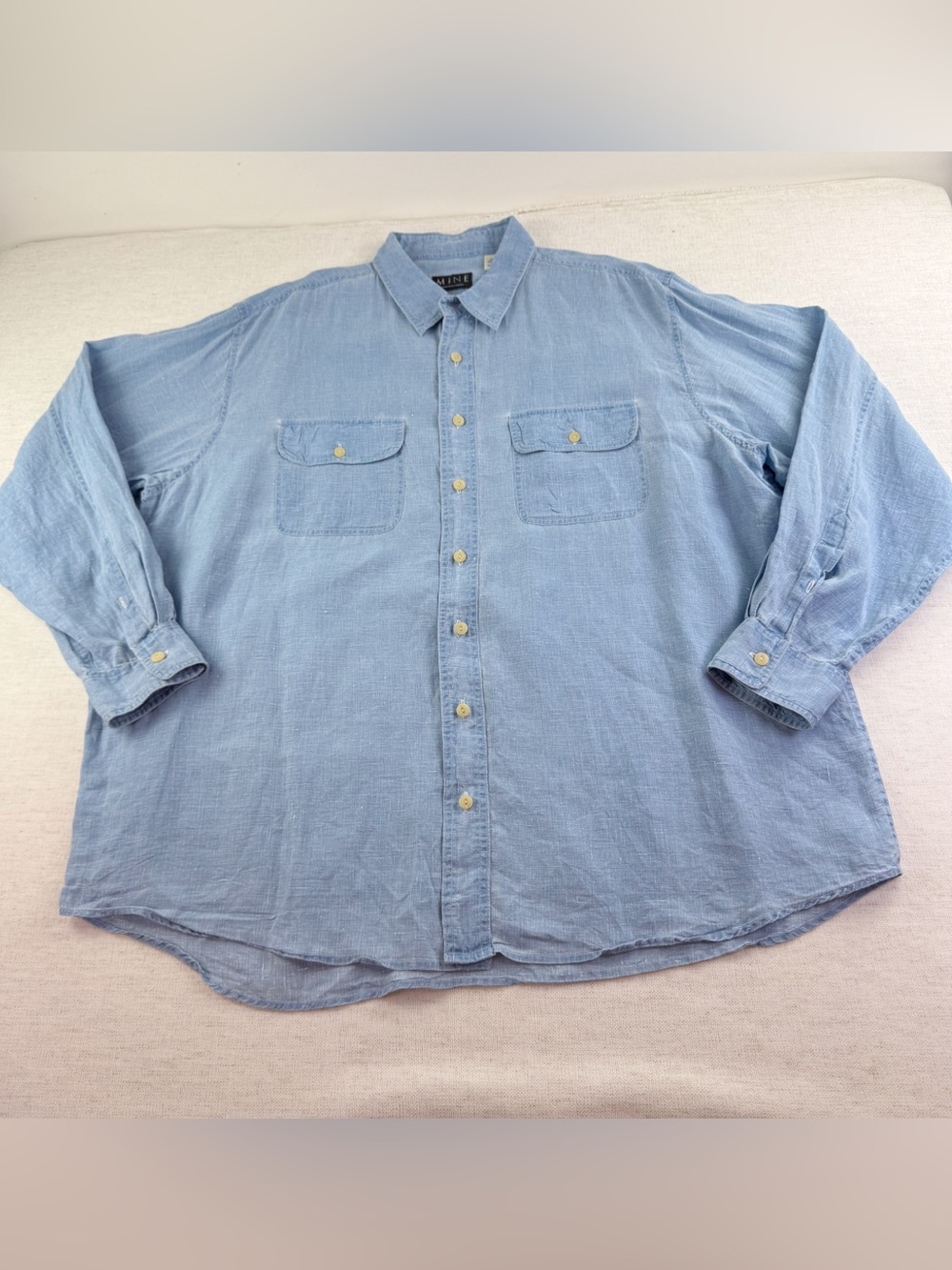 Mine Men's 100% linen Button-Up Shirt long sleeve chambray blue size XXL pockets